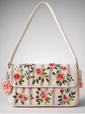 Beaded Floral Shoulder Bag in Cream and Pink